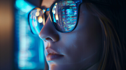 Close-up of woman with data reflected on glasses