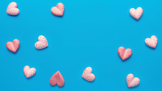pink heart shaped candis on blue background