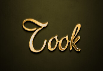 Old gold text effect of word Took with 3D glossy style Mockup.