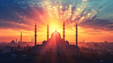 Majestic mosque silhouette at vibrant sunset. (1)
