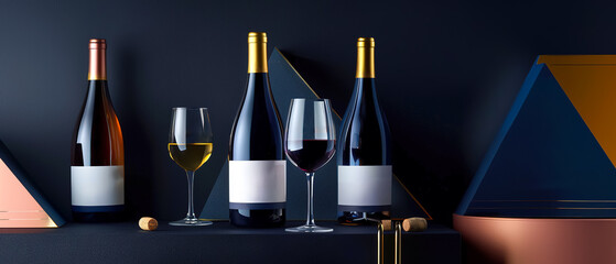Wine bottle mock-ups, white labels, geometric design, soft lighting, elegant atmosphere