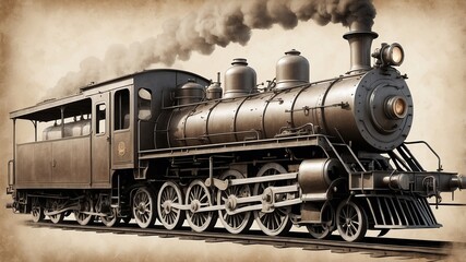 Naklejka premium A Victorian illustration of a locomotive train, detailed wheels and steam, sepia-toned paper texture 