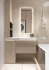 Interior design of a small bathroom with a white shower system. Glass curtain on the bathtub. Lighting under the bathtub. Small rectangular mirror with lighting