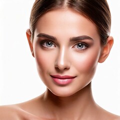 Obraz premium Portrait of a beautiful woman with an insightful look on a white background. Clean fresh skin with light nude make-up. Facial treatment , cosmetology , beauty and spa concept .
