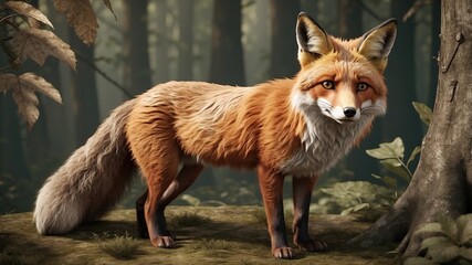 Obraz premium An antique wildlife illustration of a fox in a woodland setting, detailed fur texture, and aged look 