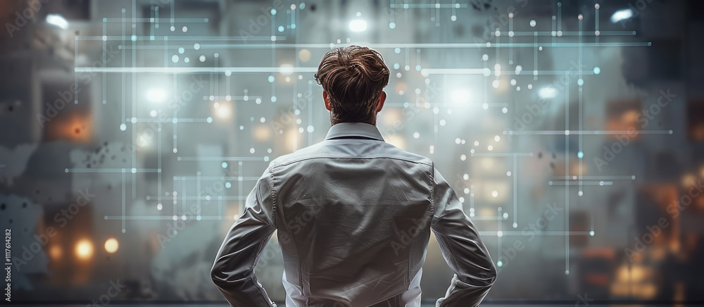Poster rear view. a man turning his back on corporate employment in it and embracing the unknown exciting f