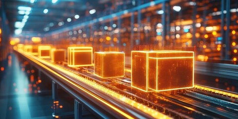 Obraz premium Advanced 3D Rendering of a Futuristic Warehouse Interior with Glowing Digital Elements and High-Tech Features for Logistics and Supply Chain Innovation