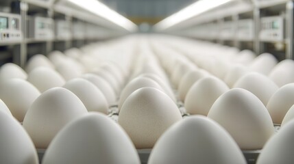 Egg industry, Hatchery, Automation. Rows of white eggs in a well-lit incubator setting.