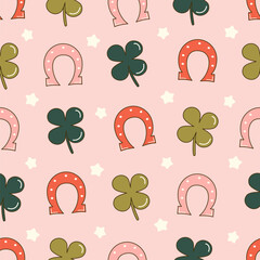 cute hand drawn green four leaf clover, stars and red and pink horseshoes seamless vector pattern background illustration