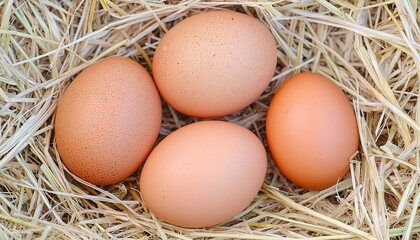 Egg farming, Quality. Four brown eggs resting in a nest of straw.