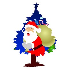 Santa Claus joyfully stands in front of a Christmas tree adorned with ornaments and candy canes. He holds a large sack, evoking a festive holiday atmosphere.