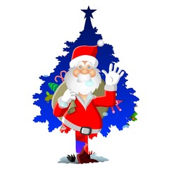 Santa Claus stands cheerfully in front of a bright blue Christmas tree, carrying a sack filled with presents and candy canes. 