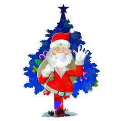 Santa Claus is cheerfully waving while standing in front of a stylized blue Christmas tree adorned with ornaments and candy canes. 