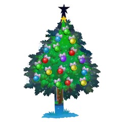 A decorated Christmas tree features colorful ornaments, including red, green, yellow, and blue baubles, topped with a dark star. Green foliage is adorned with silver bows.