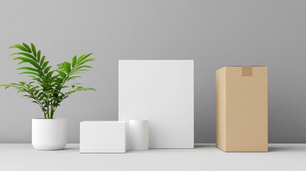 Minimalist Product Display with Plant and Boxes.