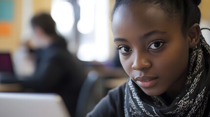 A close-up of a student programming on a laptop during a coding workshop, the screen displaying lines of code.