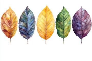 A collection of colorful watercolor leaves representing various seasons.