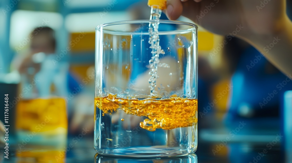 Aufkleber a dynamic capture of students conducting a density experiment by layering different liquids in a gla