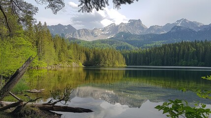 Naklejka premium Serene mountain lake reflecting majestic peaks under a partly cloudy sky.