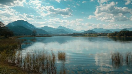 Calm lake reflecting mountains under a partly cloudy sky.