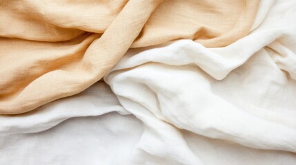 Soft linen fabrics in warm beige and white tones layered together, showcasing natural elegance and minimalistic style, ideal for home decor or textile concepts..