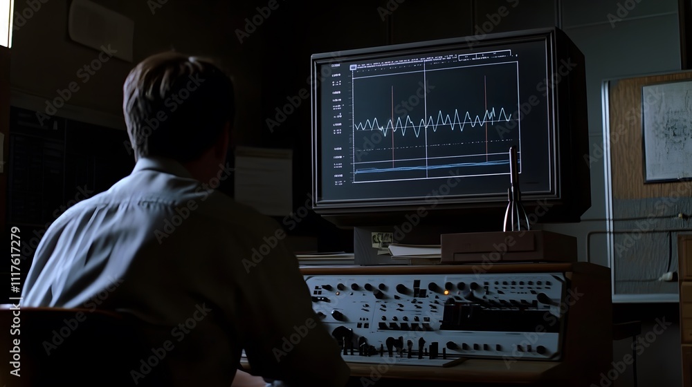 Poster a cinematic capture of a teacher demonstrating the use of an oscilloscope to visualize sound waves f