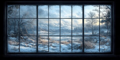 A serene winter landscape viewed through a window, featuring snow-covered fields, trees, and a cloudy sky, conveying tranquility and natural beauty.