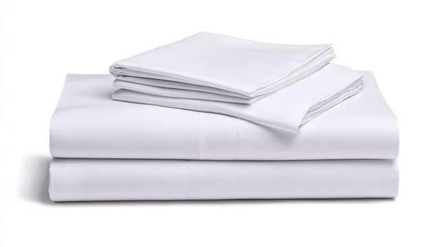 A luxurious white percale sheet set neatly folded on a white background, emphasizing elegance, comfort, and premium bedding essentials for home interiors..