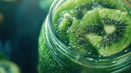 Refreshing Kiwi Smoothie in a Jar: A Close-Up View of a Vibrant Green Smoothie Topped with Slices of Fresh Kiwi Fruit