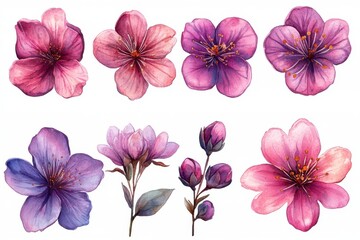 A collection of watercolor floral illustrations featuring various blossoms in soft colors.