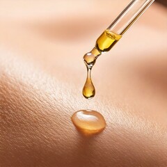 Close-up of a cosmetic pipette dispensing oil droplets. A drop of collagen serum or hyaluronic acid from a glass dropper on the young woman's skin surface