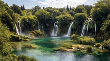 Obraz premium Serene Waterfall Adventure Tranquil Views in a Lush Forest