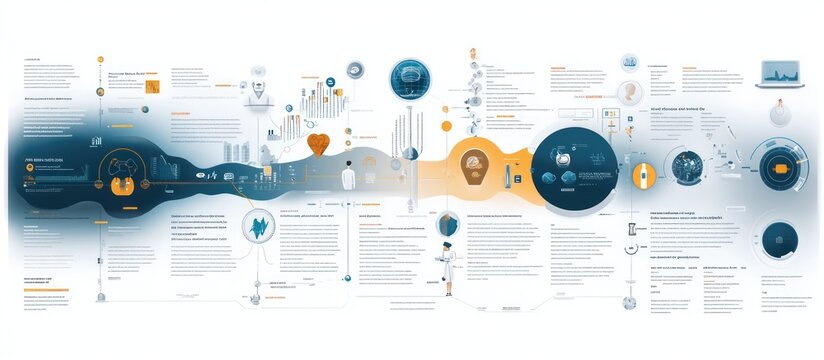 Abstract infographic with blue and orange circles with text and icons related to data, technology, information, and innovation.