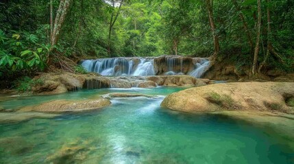 Serene Waterfall in a Lush Green Forest Nature Photography Tranquil Environment Scenic Viewpoint