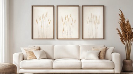 Cozy and modern interior design of a sample room with stylish decor, sofa, and blank space, offering a warm and inviting lifestyle ambiance.