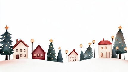 A whimsical winter village scene featuring colorful houses and Christmas trees, perfect for holiday decorations.