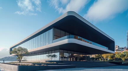 A modern two-story exhibition building. outside.