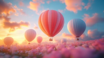 Fototapeta premium Hot Air Balloon Festival at Sunrise Landscape Digital Art Vibrant Sky Viewpoint Journey of Adventure