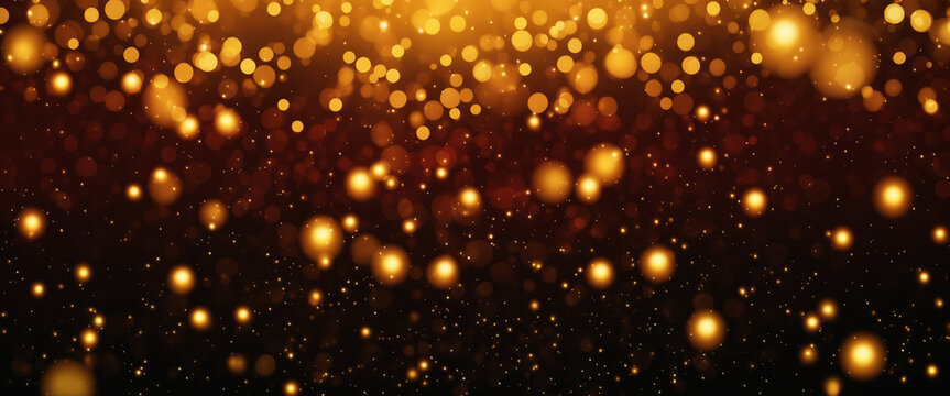 Golden christmas and new year stars swirling on black bokeh background