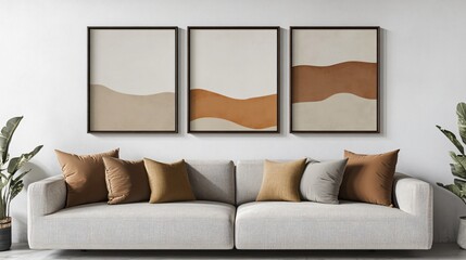 Cozy and modern interior design of a sample room with stylish decor, sofa, and blank space, offering a warm and inviting lifestyle ambiance.