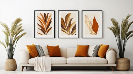 Cozy and modern interior design of a sample room with stylish decor, sofa, and blank space, offering a warm and inviting lifestyle ambiance.