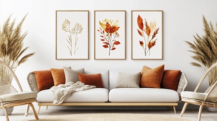 Cozy and modern interior design of a sample room with stylish decor, sofa, and blank space, offering a warm and inviting lifestyle ambiance.