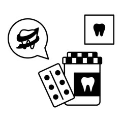 Teeth Medicine Pills and Relievers Antibiotics Tablets Jar concept, Tooth Pain relief Medication Kit vector outline design, Odontology symbol, manual dexteritysign, Dentist tools stock illustration