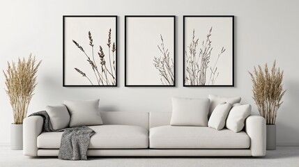 Cozy and modern interior design of a sample room with stylish decor, sofa, and blank space, offering a warm and inviting lifestyle ambiance.