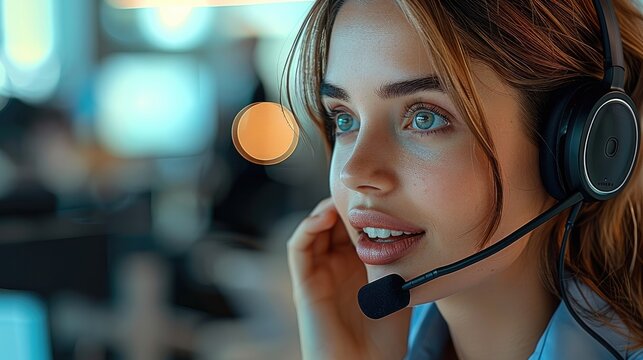 A woman talking on a phone headset in a real estate office.