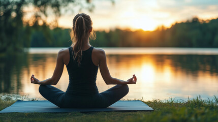 Fototapeta premium A peaceful moment of meditation by the lake, surrounded by lush trees and calm waters, symbolizing mindfulness and harmony with nature