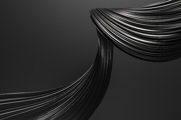 Elegant flowing black ribbon curves on dark background. 3d render