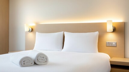 A bed with two white pillows and a white towel on top