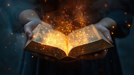 Glowing magical book held in hands.