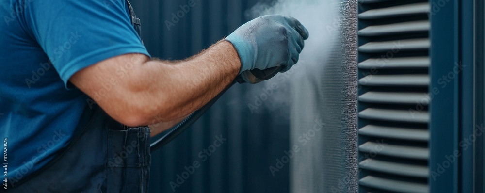 Poster furnace filter and clean concept. painting a surface with a spray tool in a controlled environment.